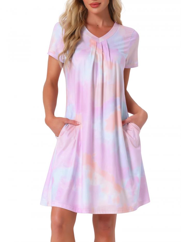 cheibear レディース ナイトシャツ パジャマ ラウンジ ドレス V ネック ポケット付き パジャマ ナイトガウン タイダイピンク XL