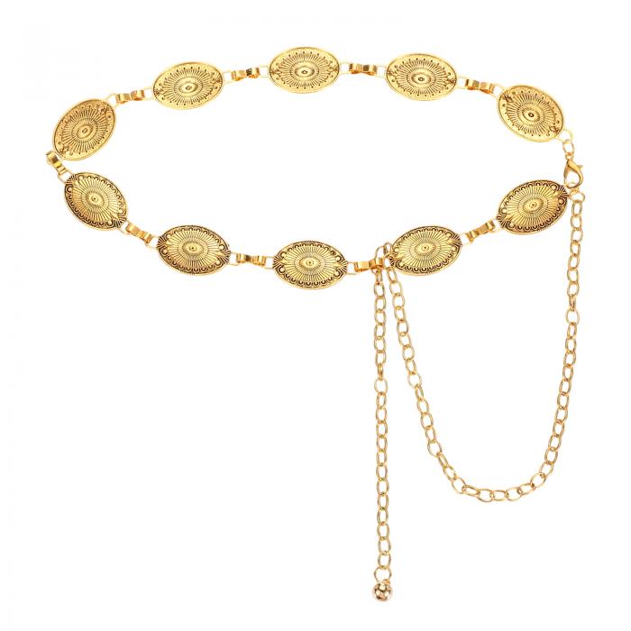 ウェスタンメタルコンチョベルト ウィメンズウエストチェーンベルト ジーンズドレスとのカントリーコンサートアウトフィット ソリッドオーバル 金トーン