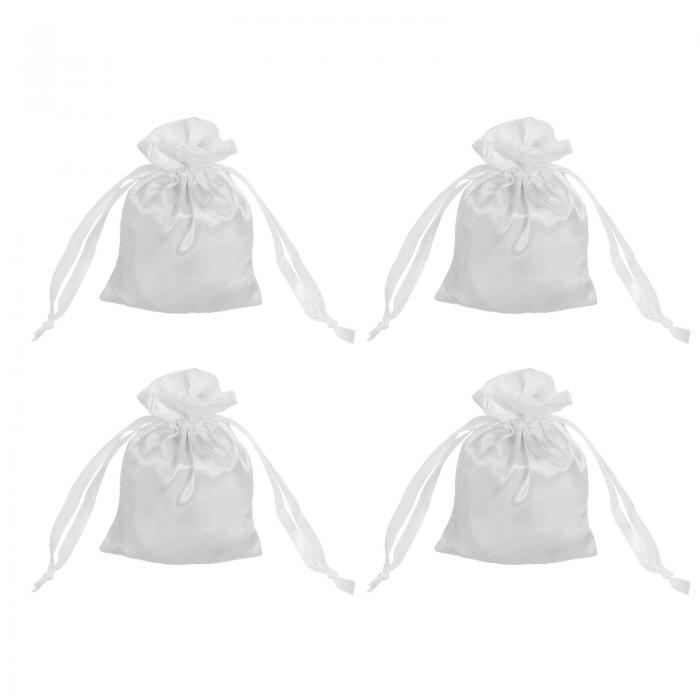 引き締め付きサテンバッグ、3x4インチのウェディングファボーバッグミニギフトパッケージングバッグ、誕生日、クリスマス、宝石パーティー用（ホワイト、4個入り）