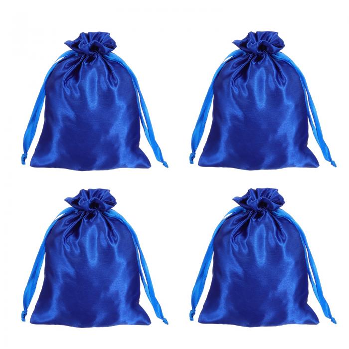 引き締め付きサテンバッグ、6x8インチのウェディングフェイバーバッグミニギフトパッケージングバッグ、誕生日、クリスマス、宝石パーティー用（ダークブルー、4個入り）