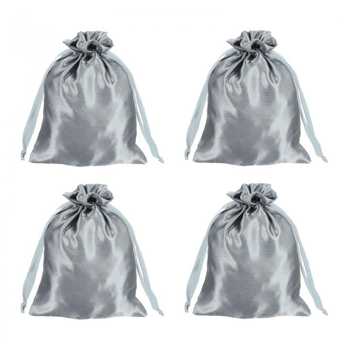 引き紐付きサテンバッグ、6x8インチのウェディングファボーバッグミニギフトパッケージングバッグ、誕生日、クリスマス、宝石パーティー用（グレー、4個入り）