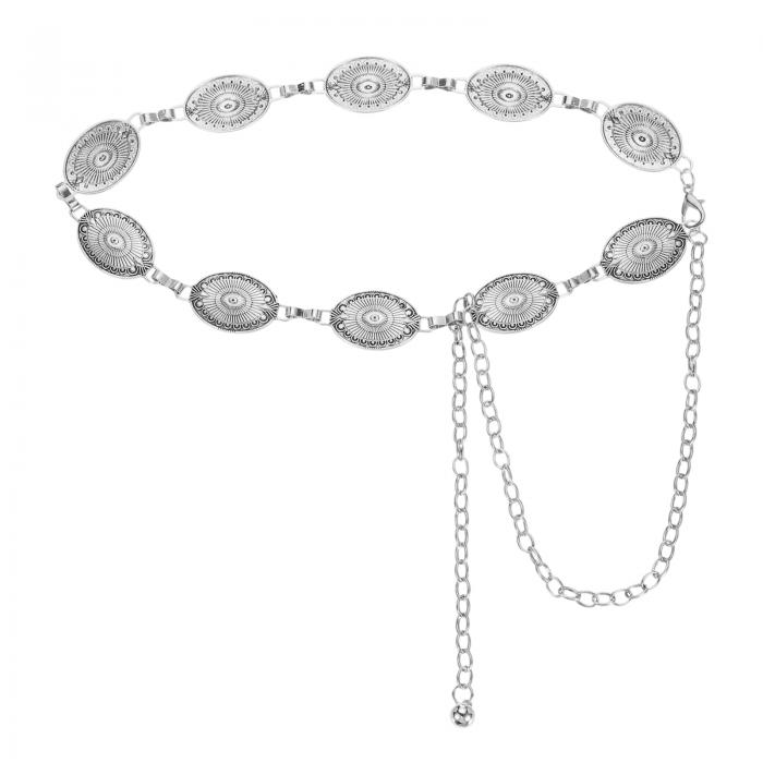 ウェスタンメタルコンチョベルト ウィメンズウエストチェーンベルト ジーンズドレスとのカントリーコンサート衣装 ソリッドオーバル シルバートーン