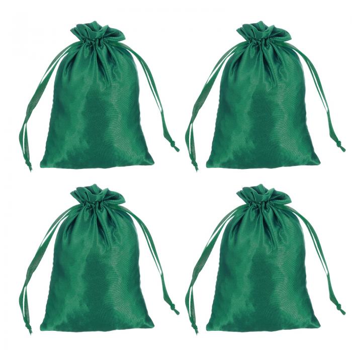 引き紐付きサテンバッグ、4x6インチのウェディングフェイバーバッグミニギフトパッケージングバッグ、誕生日、クリスマス、宝石パーティー用（緑、4個入り）