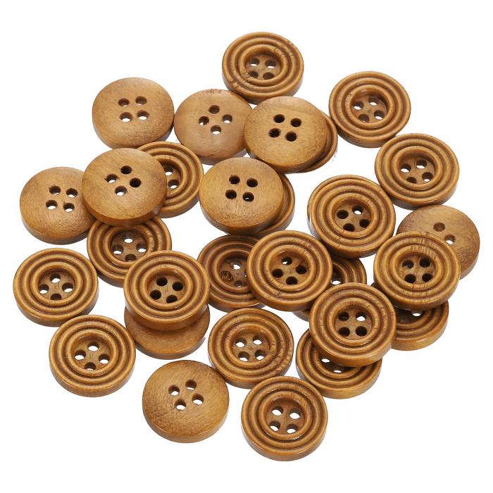 30個24L DIYボタン5/8"(15mm) 木製丸フラット4穴クラフト交換ボタン 縫製衣類手作りクラフト ライト茶色