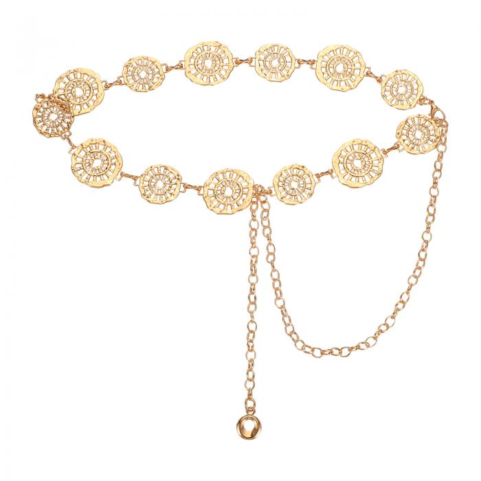 ウェスタンメタルコンチョベルト ウィメンズウエストチェーンベルト ジーンズドレスとのカントリーコンサートアウトフィット ホロウドサークル 金トーン