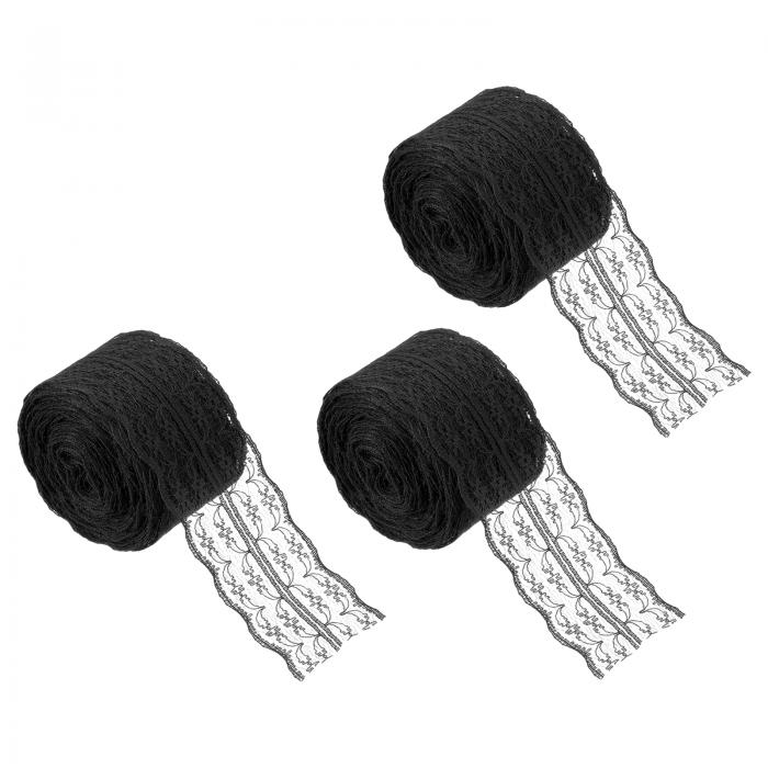 33ヤードレーストリムリボン 1.8インチ幅のヴィンテージフローラルパターンクロシェレースエッジリボントリミング DIY裁縫クラフトギフト包装ウェディングドレスホームデコレーション用（黒 3ロール）