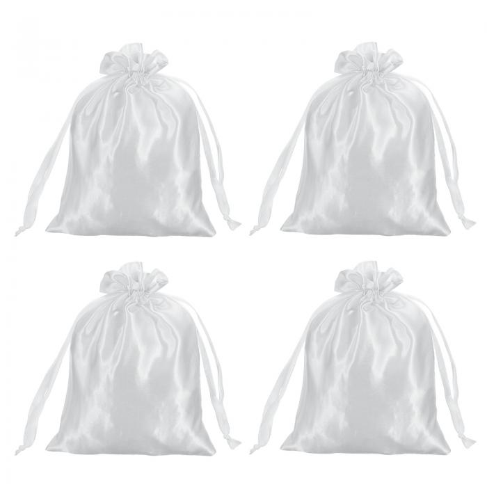 引き紐付きサテンバッグ、6x8インチのウェディングファボーバッグミニギフトパッケージングバッグ、誕生日、クリスマス、宝石パーティー用（ホワイト、4個入り）