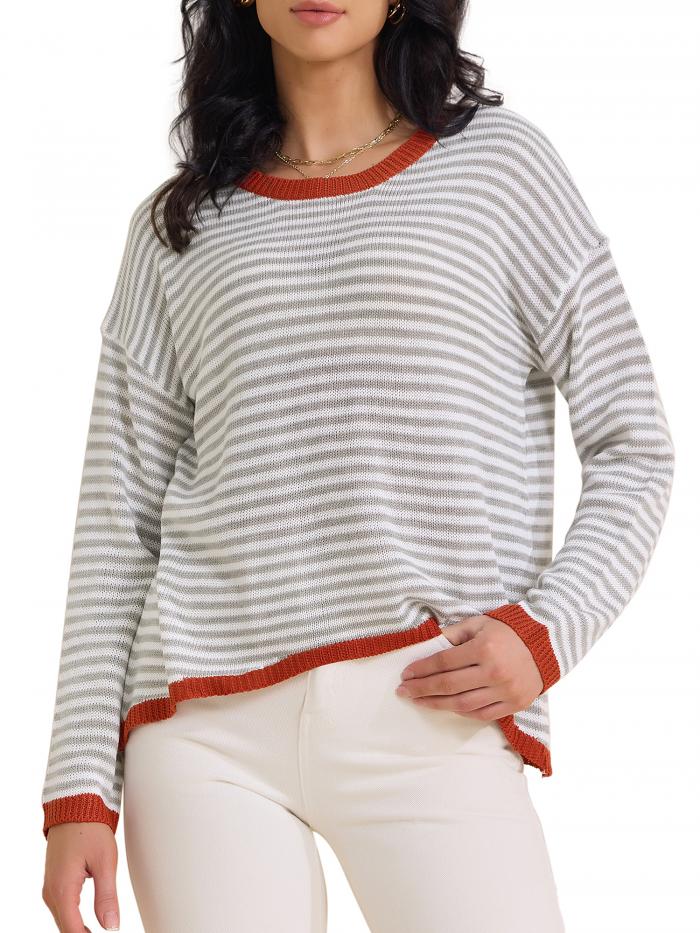 Allegra K レディース ストライプセーター カジュアル カーブヘム ドロップショルダー セーター プルオーバー トップス ライトグレー 2XL