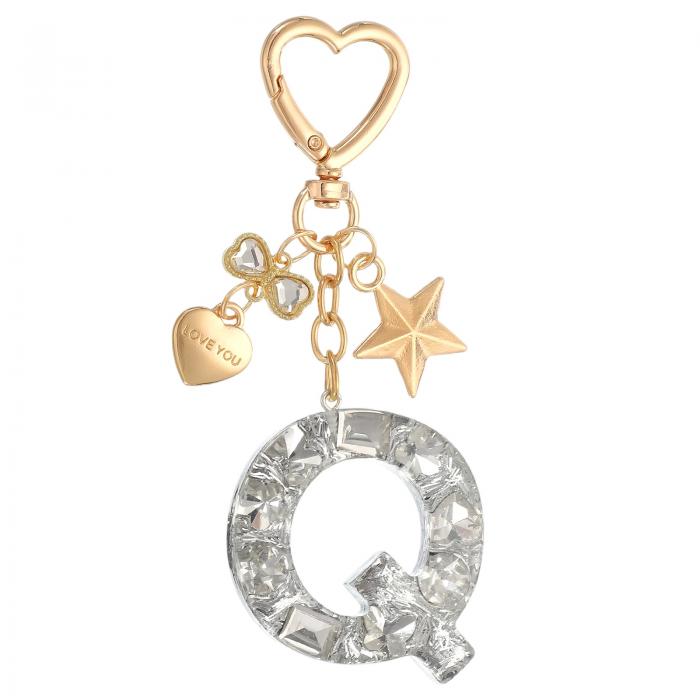 PATIKIL かわいいイニシャルレターキーチェーン レターQ 女性用ブリングラブバタフライスター バッグバックパック財布車のキーカップアクセサリーシルバー