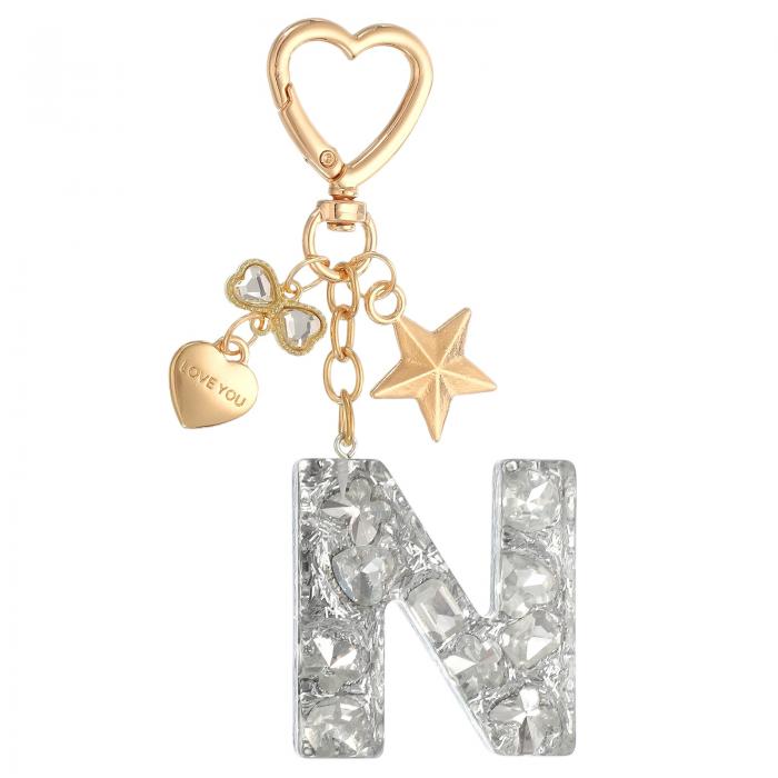 PATIKIL かわいいイニシャルレターキーチェーン レターN 女性用ブリングラブバタフライスター バッグバックパック財布車のキーカップアクセサリーシルバー