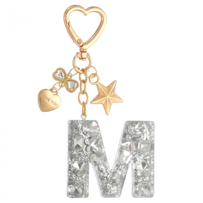 PATIKIL かわいいイニシャルレターキーチェーン レターM 女性用ブリングラブバタフライスター バッグバックパック財布車のキーカップアクセサリーシルバー
