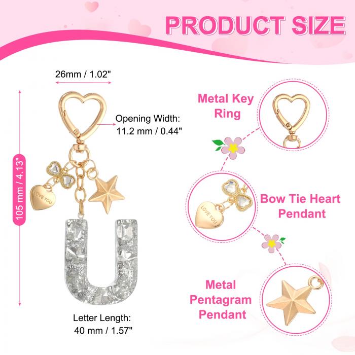 PATIKIL かわいいイニシャルレターキーチェーン レターU 女性用ブリングラブバタフライスター バッグバックパック財布車のキーカップアクセサリーシルバー 3