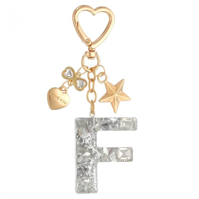 PATIKIL かわいいイニシャルレターキーチェーン レターF 女性用ブリングラブバタフライスター バッグバックパック財布車のキーカップアクセサリーシルバー