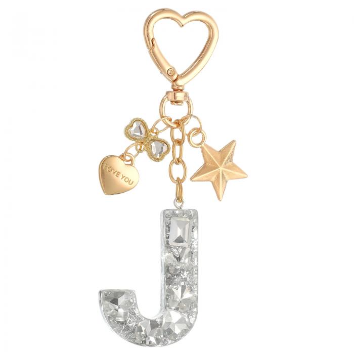PATIKIL かわいいイニシャルレターキーチェーン レターJ 女性用ブリングラブバタフライスター バッグバックパック財布車のキーカップアクセサリーシルバー