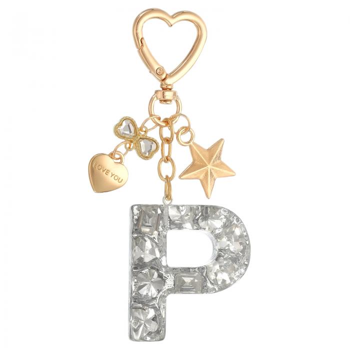 PATIKIL かわいいイニシャルレターキーチェーン レターP 女性用ブリングラブバタフライスター バッグバックパック財布車のキーカップアクセサリーシルバー