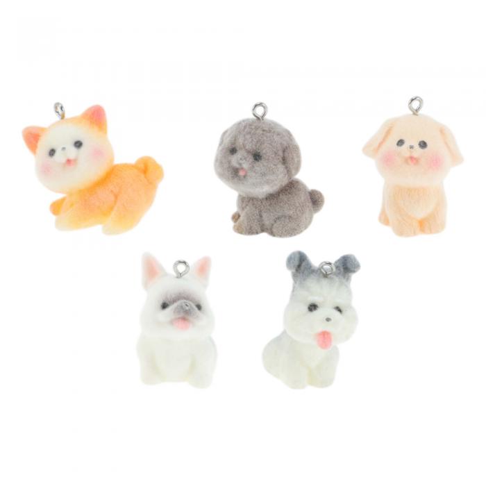 RENEWREVITAL ミニ置物 ミニチュア オーナメント 5個 セット 動物 フィギュア フロック加工 可愛い DIY 卓上 オフィス 車内 装飾 贈り物 風景 盆栽 飾り Bフロッキー子犬