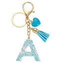 イニシャルレターキーチェーン レジン製かわいいハートタッセルペンダントアクセサリー アルファベットキーリング 財布 ハンドバッグ バックパック用 ブルー-A
