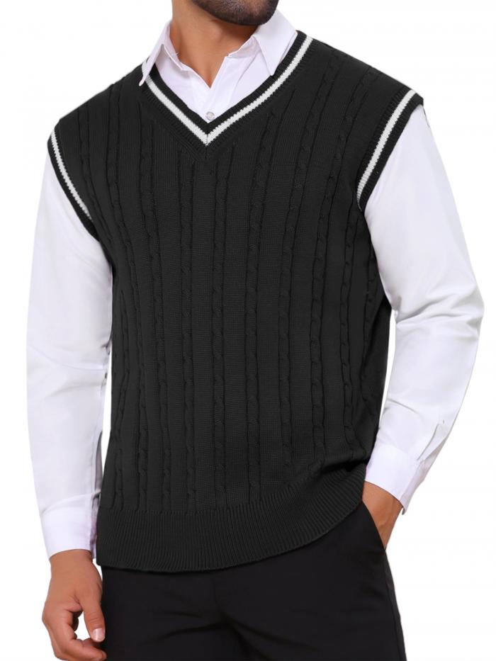 TATT 21 メンズ 無地 Vネック ノースリーブ ケーブルニット セーターベスト ブラック XL