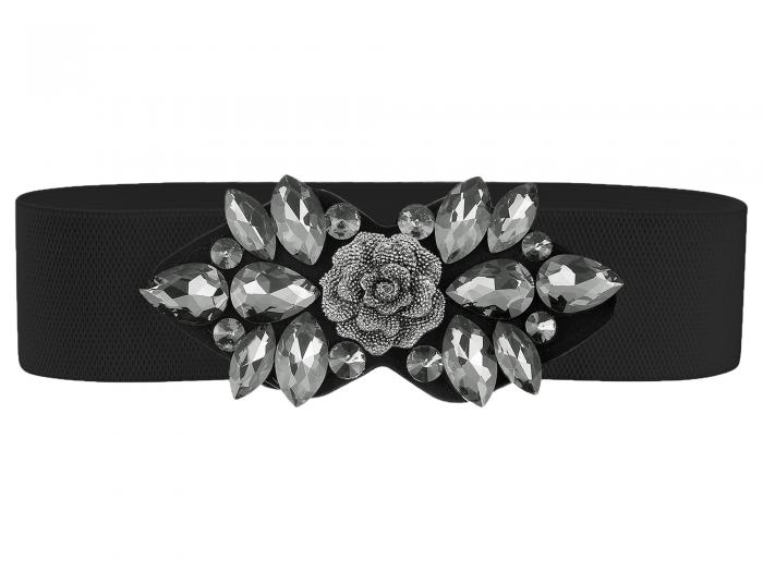 Elerevyo レディース伸縮性ストレッチベルト、ヴィンテージエレガントローズフラワーラインストーンウ..