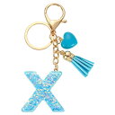イニシャルレターキーチェーン レジン製かわいいハートタッセルペンダントアクセサリー 女性用アルファベットキーリング 財布 ハンドバッグ バックパック用 ブルー-X