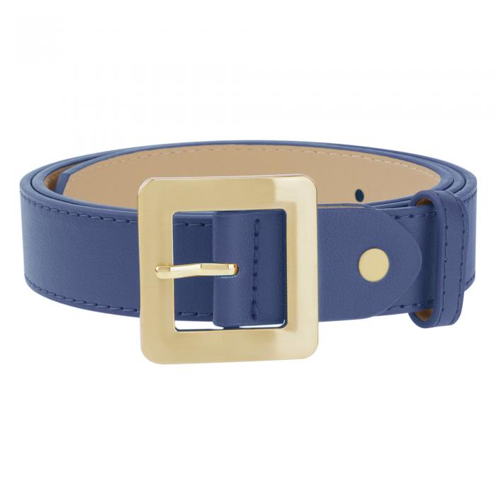 Elerevyo レディース ゴールデンスクエアバックルベルト 幅1.1インチ ファッションシンプル フェイクレザーウエストバンド ドレスやジーンズに最適 濃紺 103x2.8cm