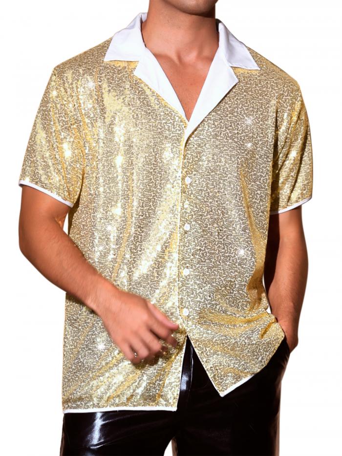 Lars Amadeus メンズ用スパンコールシャツ キャンプカラー 半袖 ボタンダウン パーティー 光沢シャツ 金色 S