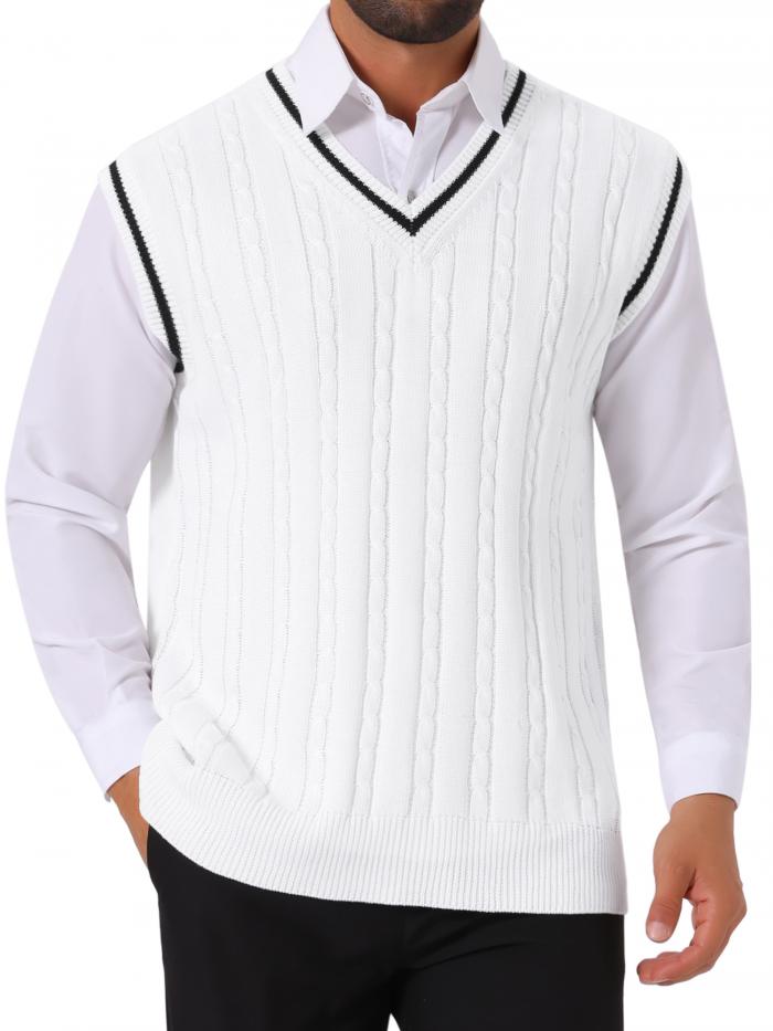 TATT 21 メンズ 無地 Vネック ノースリーブ ケーブルニット セーターベスト ホワイト L