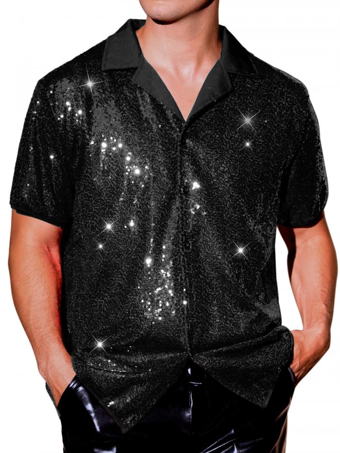 Lars Amadeus メンズ用スパンコールシャツ キャンプカラー 半袖 ボタンダウン パーティー 光沢シャツ ブラック XL(4)