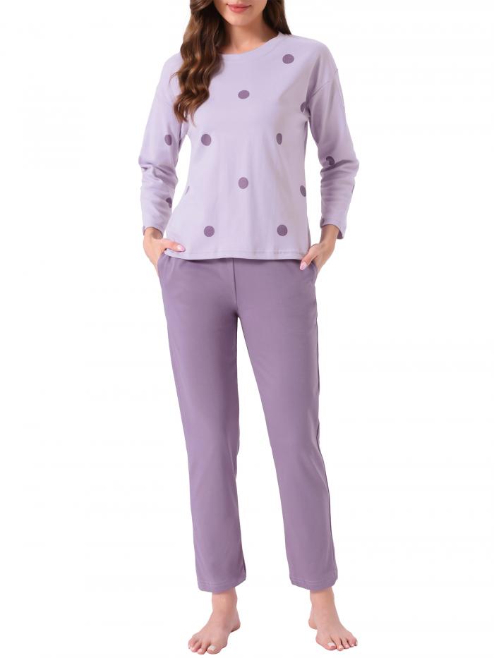 cheibear Womens ラウンジ Set Cotton Striped Dot Strawberry Print Long Sleeve Round Neck Cute Pattern Pants Set Sleepwear Dot M