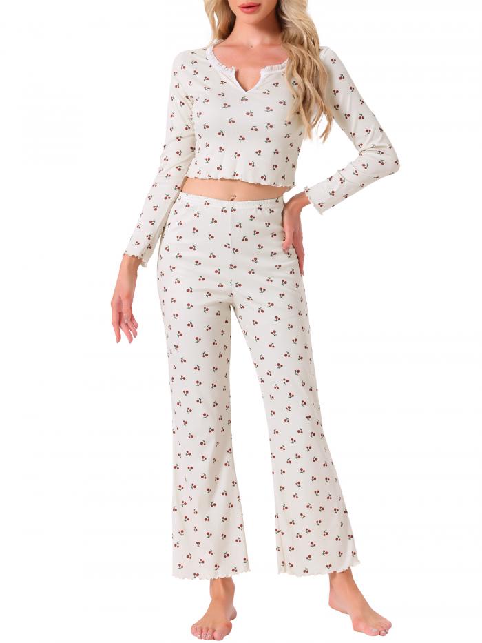 cheibear Womens Pajama Sets Cherry Print Ruffled V-Neck Long Sleeve Top and Pants 2 Piece ラウン..