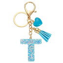 イニシャルレターキーチェーン レジン製かわいいハートタッセルペンダントアクセサリー アルファベットキーリング 財布 ハンドバッグ バックパック用 ブルー T