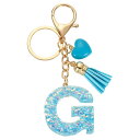 イニシャルレターキーチェーン レジン製かわいいハートタッセルペンダントアクセサリー アルファベットキーリング バッグ ハンドバッグ バックパック用 ブルー色