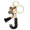 イニシャルレターキーチェーン レジン製かわいい蝶のタッセルペンダントアクセサリー 女性用アルファベットキーリング 財布 ハンドバッグ バックパック用 黒-J