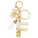イニシャルレターキーチェーン レジン製かわいい蝶のタッセルペンダントアクセサリー 女性用アルファベットキーリング 財布 ハンドバッグ バックパック用 金 F