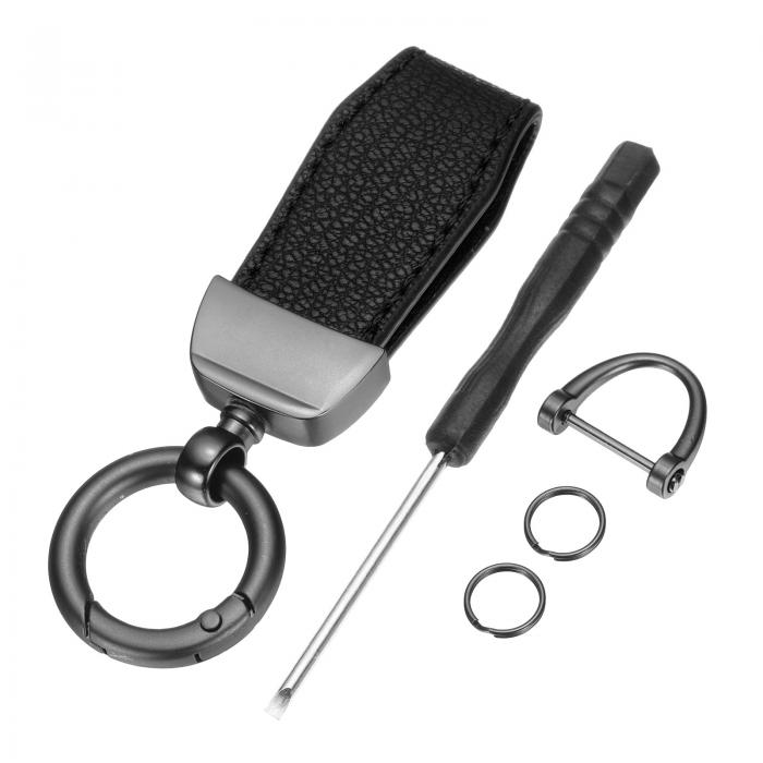 車のキーチェーン 亜鉛合金レザーカーキーチェーンアンチロストDリングキーチェーンフォブ360度回転装..