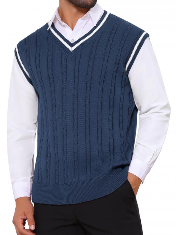 TATT 21 メンズ 無地 Vネック ノースリーブ ケーブルニット セーターベスト ネイビーブルー S