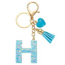 イニシャルレターキーチェーン レジン製かわいいハートタッセルペンダントアクセサリー 女性用アルファベットキーリング 財布 ハンドバッグ バックパック用 ブルー H