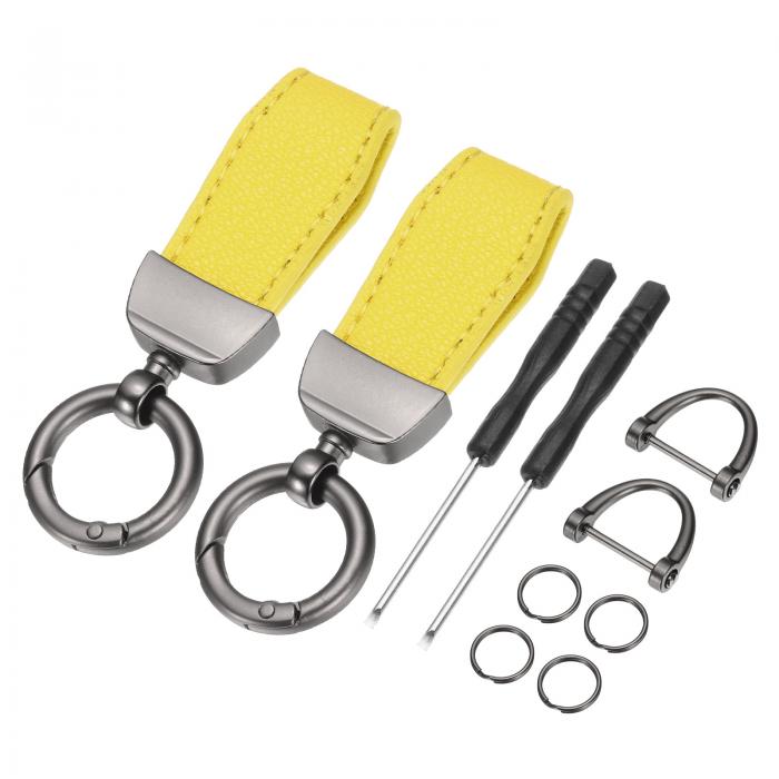 2個の車のキーチェーン 亜鉛合金レザーカーキーチェーンアンチロストDリングキーチェーンフォブ360度回..