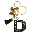 イニシャルレターキーチェーン レジン製かわいい蝶のタッセルペンダントアクセサリー 女性用アルファベットキーリング 財布 ハンドバッグ バックパック用 黒-D