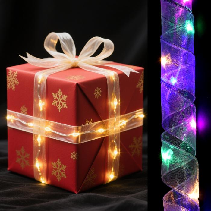 LEDライト銅線リボン 6.56フィートリボンボウライトバッテリー式クリスマスツリーデコレーションストリ..
