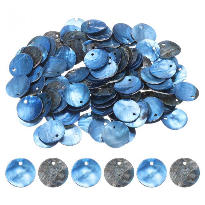 100個 15mm フラットな丸い貝殻コインビーズ カラフルなドロップ装飾ビーズ ブレスレットネックレス宝石メイキング用 穴付き貝殻ディスク装飾 ブルー