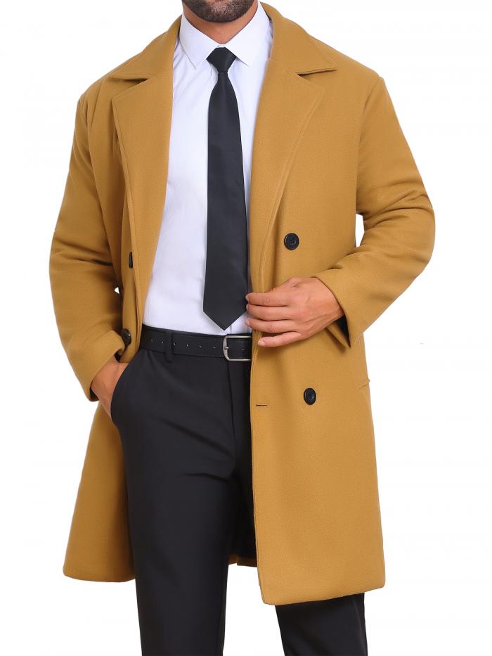 Lars Amadeus 冬用キルティングオーバーコート メンズ ダブルブレストコート 無地 ビジネス ロングトレンチコート カーキ S