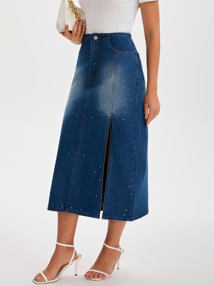 CIMUK レディース デニムスカート カジュアル サイドスリット Aライン ストレッチ ハイウエスト ペンシルジーンズスカート ネイビーブルー XL