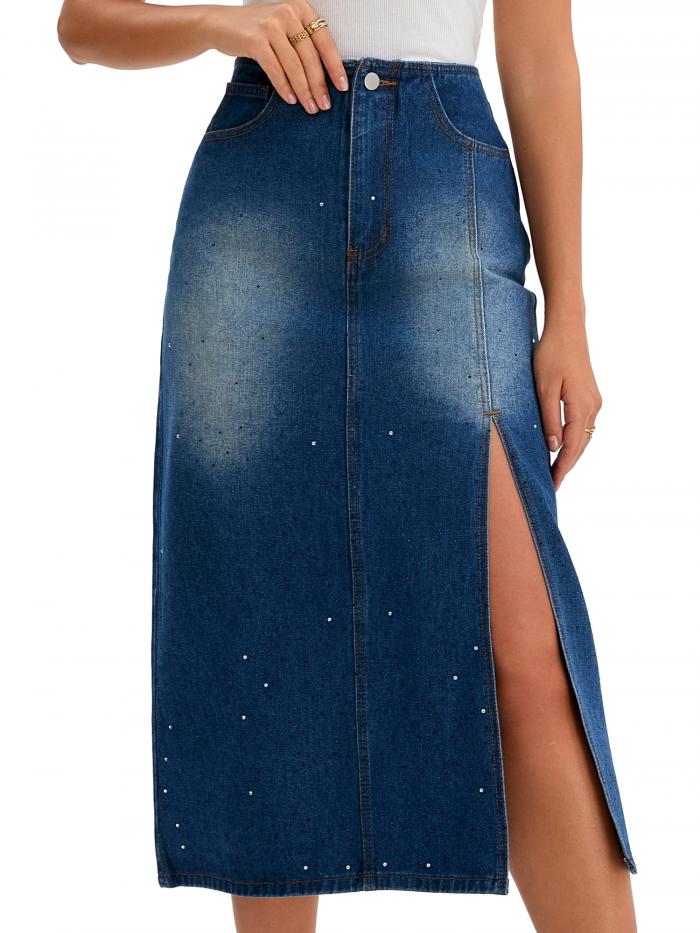 CIMUK レディース デニムスカート カジュアル サイドスリット Aライン ストレッチ ハイウエスト ペンシルジーンズスカート ネイビーブルー XL