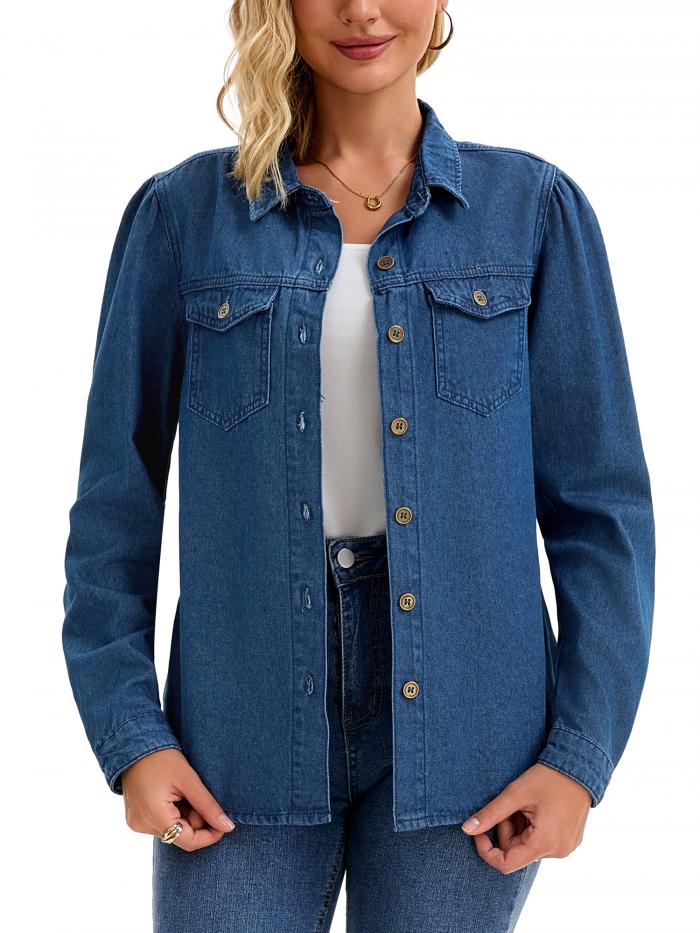 CIMUK レディース デニムシャツ パフ 長袖 ボタンダウンシャツ ポケット付き カジュアル ワークブラウス ジーンズトップス ネイビーブルー M