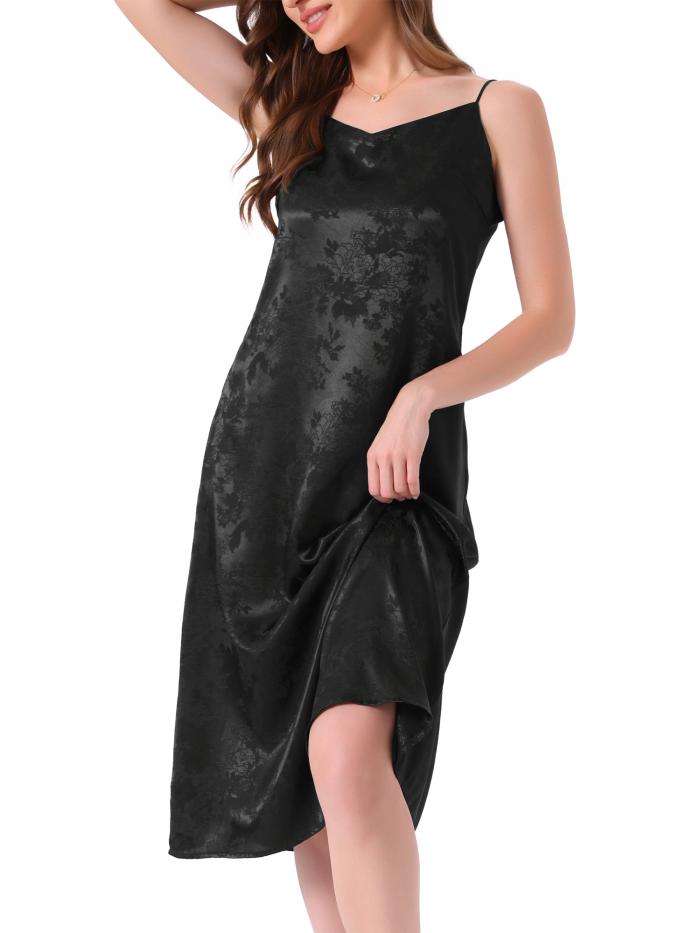 cheibear レディース サテン フローラル パジャマ Vネック スパゲッティストラップ シュミーズ スリップ ランジェリー ミディ丈 ナイトガウン ブラック L