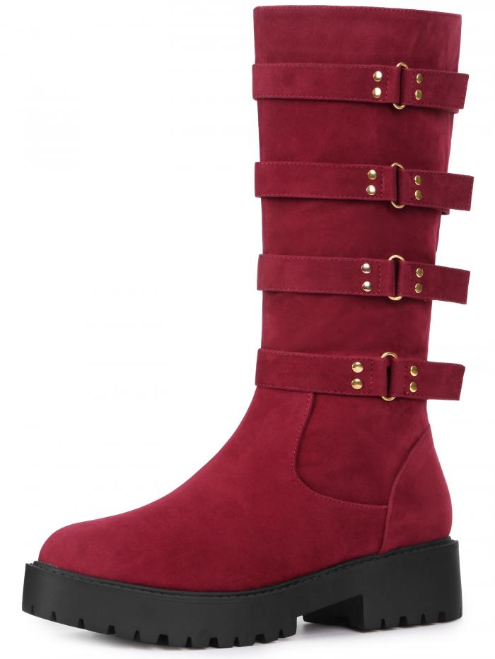 Allegra K レディース ラウンドトゥ プラットフォーム バックル チャンキーヒール ニーハイブーツ ブル..