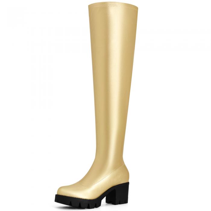 Perphy プラットフォームラグソールオーバーニーブーツ、ラウンドトゥ、サイハイチャンキーヒールブー..