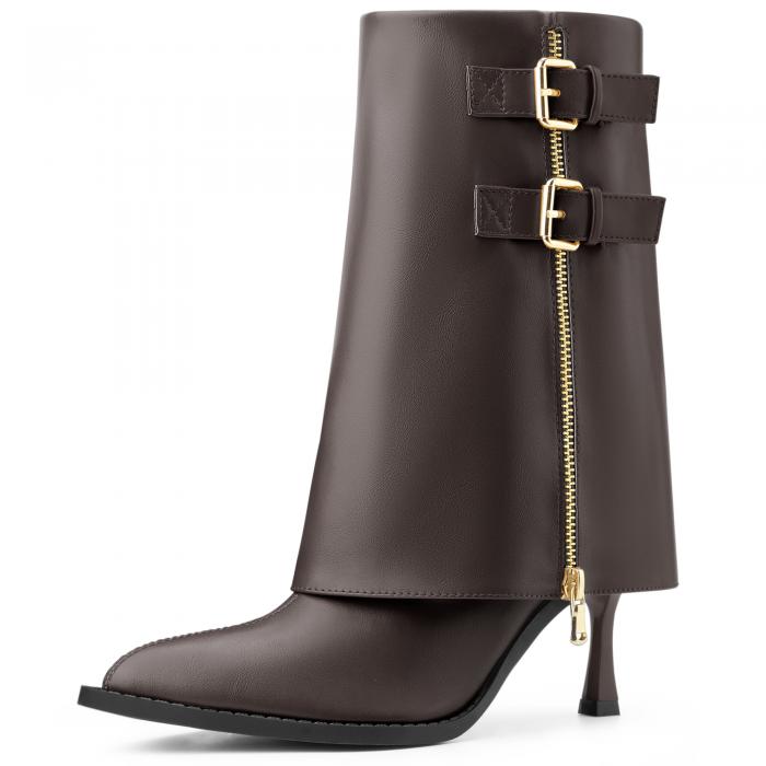 Perphy ポインテッドトゥのミドルカーフブーツ、フォールドオーバーバックルのスティレットヒールブー..