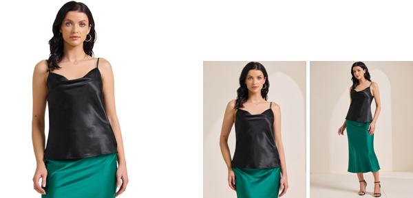 Allegra K レディース サテン キャミソール カウルネック ノースリーブ スパゲッティストラップ サマー シルキー タンクトップ ブラック XL